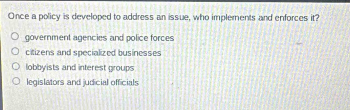 once a policy is developed to address an issue, who implements and enforces it?\no government agencies and police forces\no citizens and specialized businesses\no lobbyists and interest groups\no legislators and judicial officials