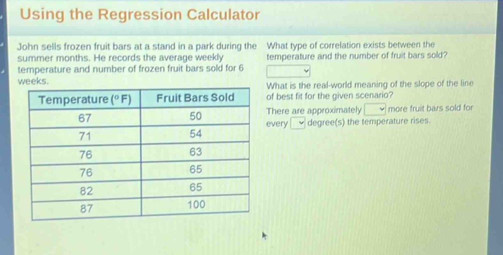 using the regression calculator\njohn sells frozen fruit bars at a stand in a park during the summer months. he records the average weekly temperature and number of frozen fruit bars sold for 6 weeks.\ntemperature (°f) fruit bars sold\n67 50\n71 54\n76 63\n76 65\n82 65\n87 100\nwhat type of correlation exists between the temperature and the number of fruit bars sold?\nwhat is the real - world meaning of the slope of the line of best fit for the given scenario?\nthere are approximately more fruit bars sold for every degree(s) the temperature rises.