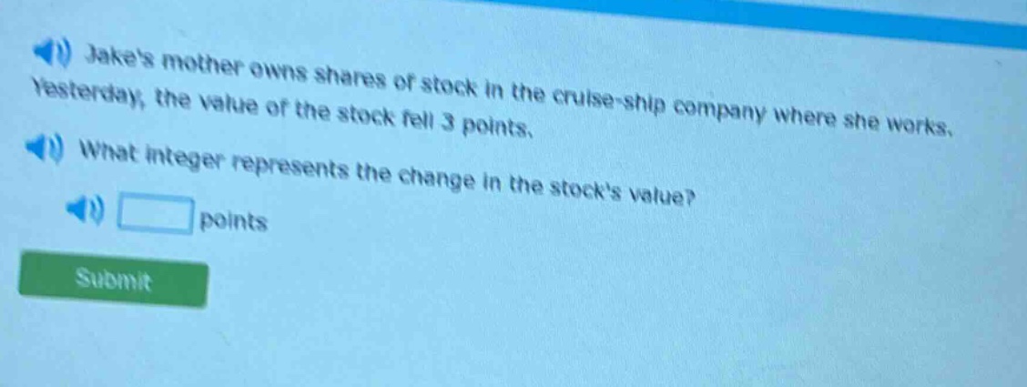 jakes mother owns shares of stock in the cruise - ship company where she works. yesterday, the value of the stock fell 3 points. what integer represents the change in the stocks value? points