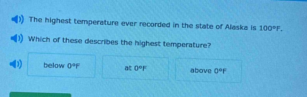 the highest temperature ever recorded in the state of alaska is 100°f. which of these describes the highest temperature? below 0°f at 0°f above 0°f