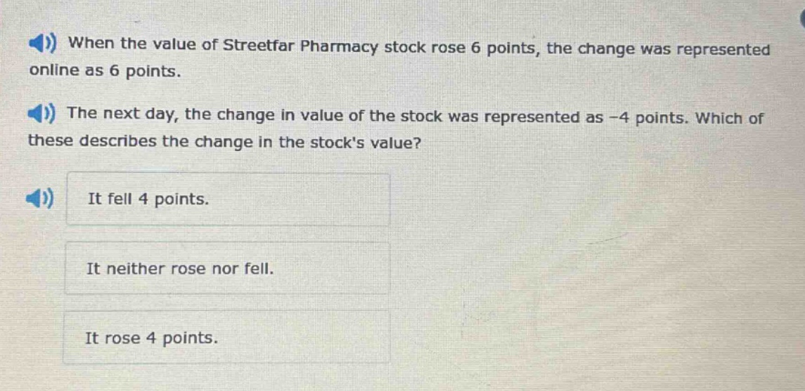 when the value of streetfar pharmacy stock rose 6 points, the change was represented online as 6 points. the next day, the change in value of the stock was represented as -4 points. which of these describes the change in the stocks value? it fell 4 points. it neither rose nor fell. it rose 4 points.