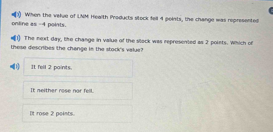 when the value of lnm health products stock fell 4 points, the change was represented online as -4 points. the next day, the change in value of the stock was represented as 2 points. which of these describes the change in the stocks value? it fell 2 points. it neither rose nor fell. it rose 2 points.