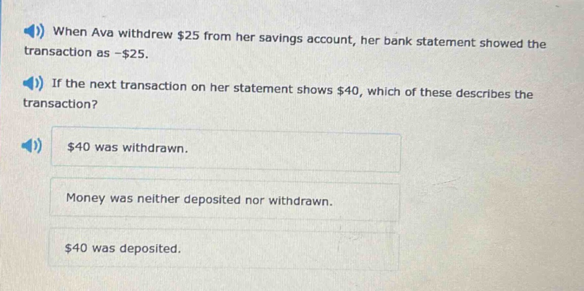 when ava withdrew $25 from her savings account, her bank statement showed the transaction as -$25. if the next transaction on her statement shows $40, which of these describes the transaction? $40 was withdrawn. money was neither deposited nor withdrawn. $40 was deposited.