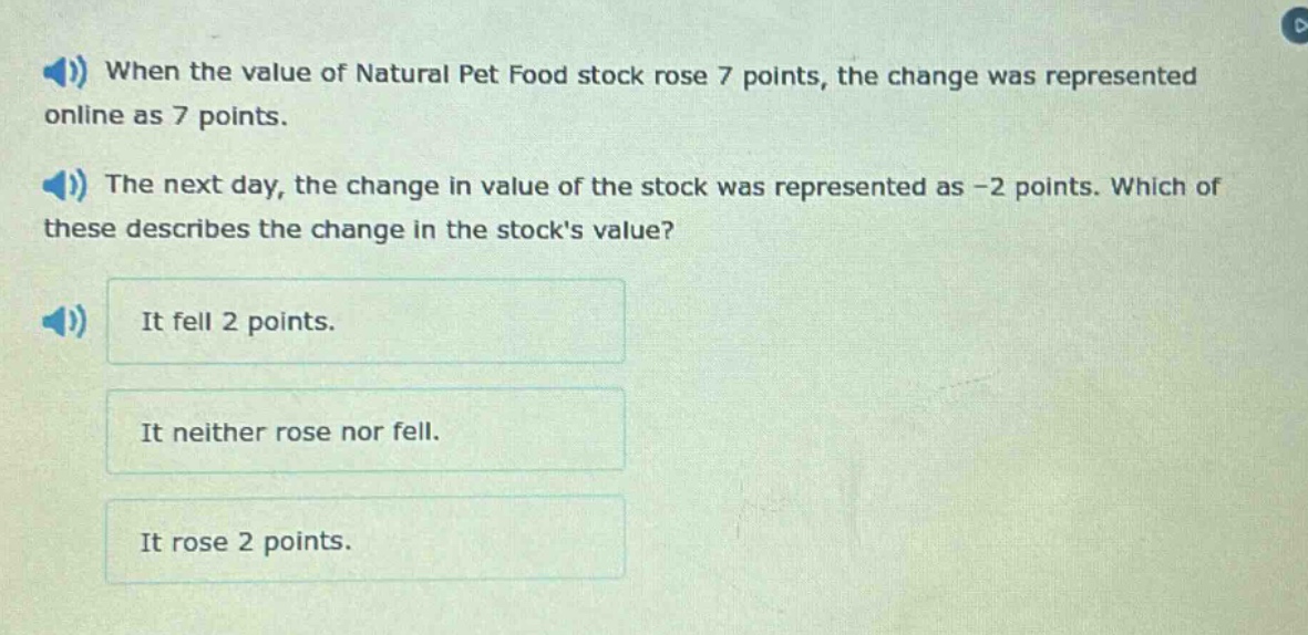when the value of natural pet food stock rose 7 points, the change was represented online as 7 points. the next day, the change in value of the stock was represented as -2 points. which of these describes the change in the stocks value? it fell 2 points. it neither rose nor fell. it rose 2 points.