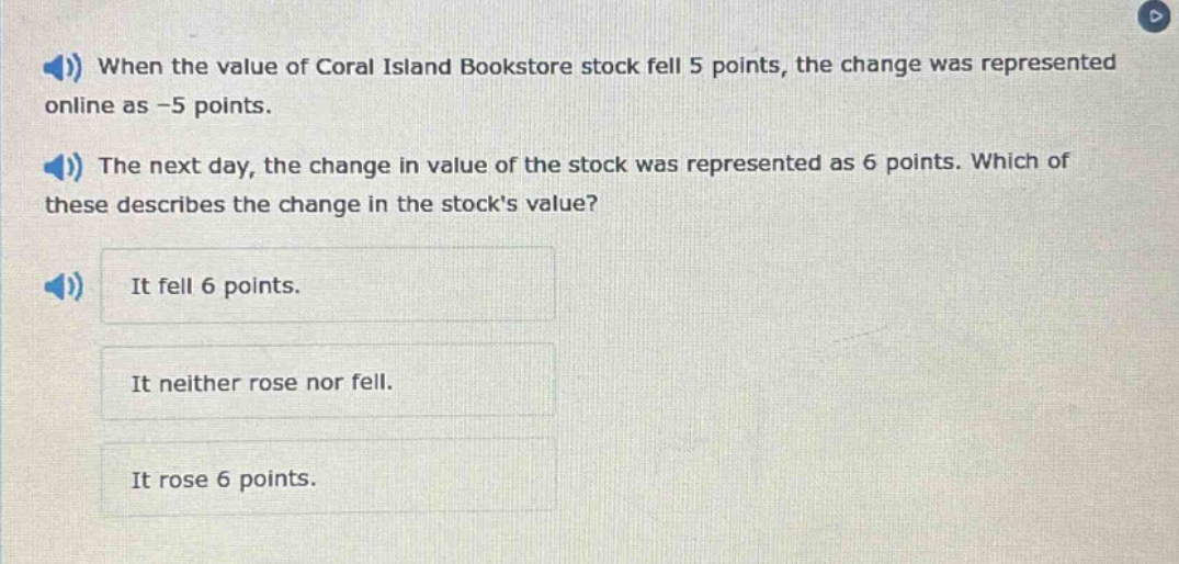 when the value of coral island bookstore stock fell 5 points, the change was represented online as -5 points. the next day, the change in value of the stock was represented as 6 points. which of these describes the change in the stocks value? it fell 6 points. it neither rose nor fell. it rose 6 points.