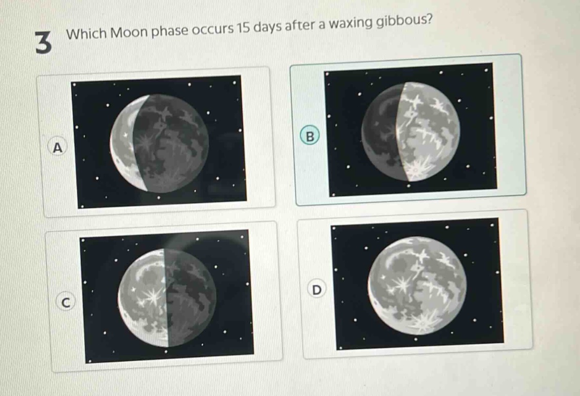 3 which moon phase occurs 15 days after a waxing gibbous?