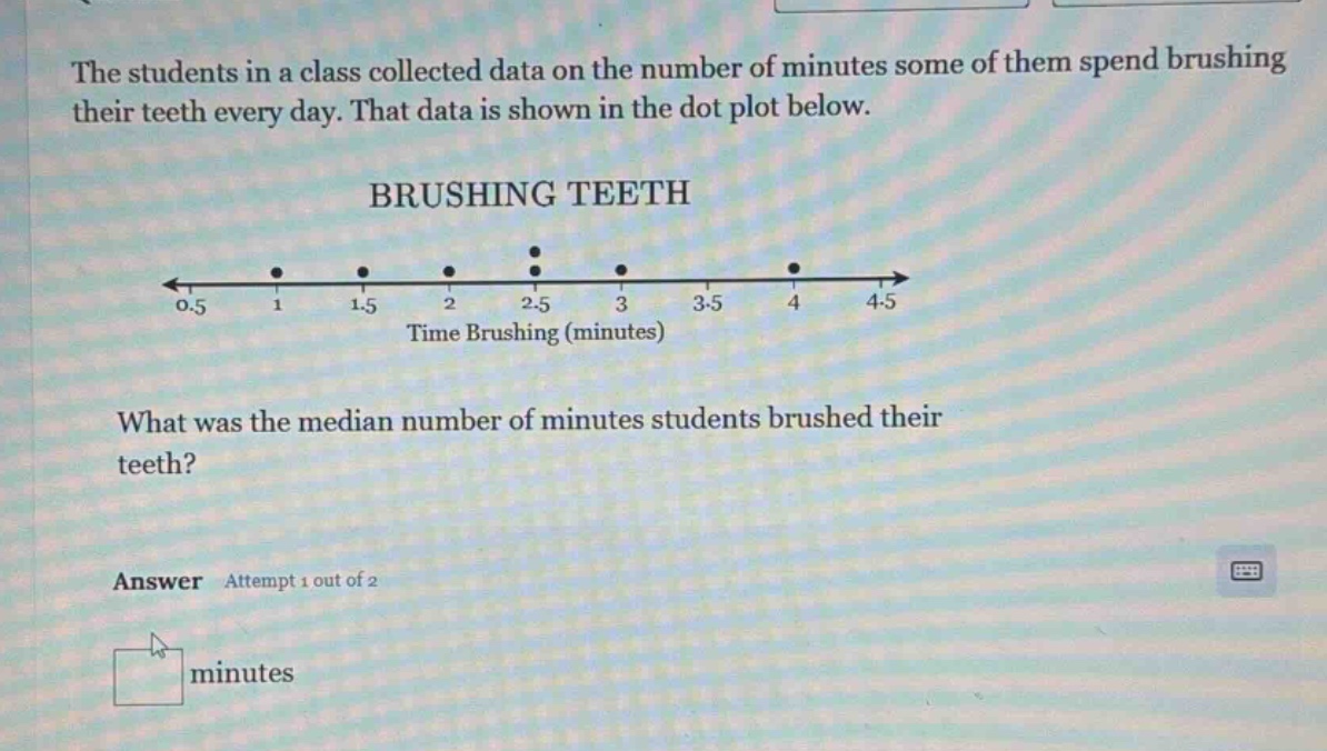 the students in a class collected data on the number of minutes some of them spend brushing their teeth every day. that data is shown in the dot plot below. brushing teeth what was the median number of minutes students brushed their teeth? answer attempt 1 out of 2 minutes