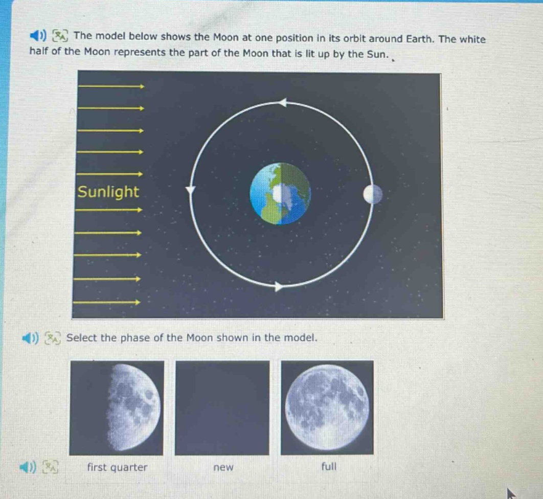 the model below shows the moon at one position in its orbit around earth. the white half of the moon represents the part of the moon that is lit up by the sun. select the phase of the moon shown in the model. first quarter new full