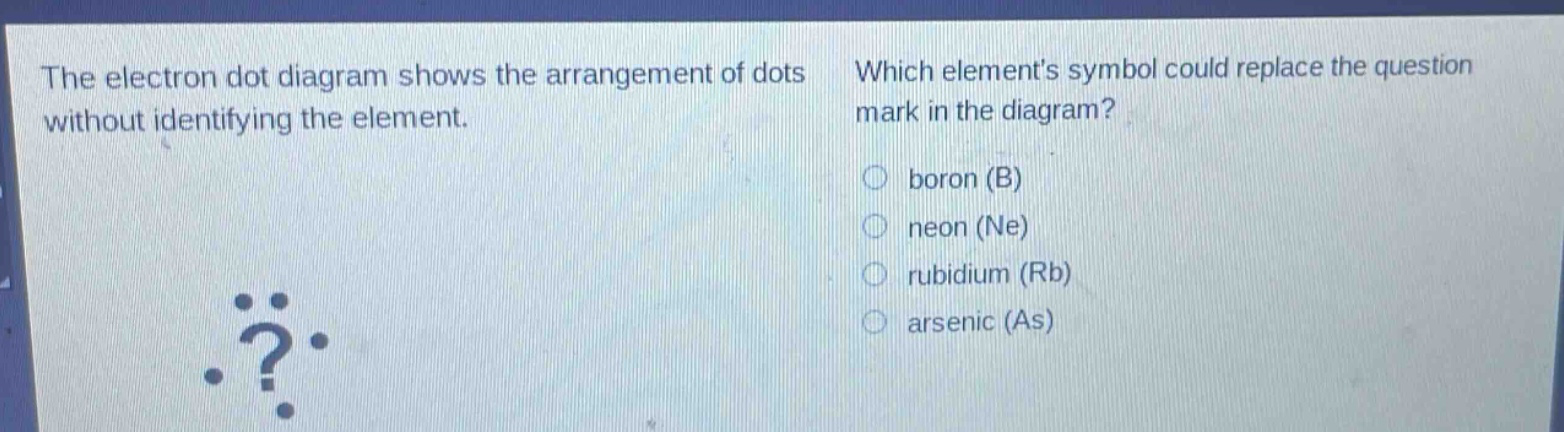 the electron dot diagram shows the arrangement of dots without identifying the element. which elements symbol could replace the question mark in the diagram? boron (b) neon (ne) rubidium (rb) arsenic (as)