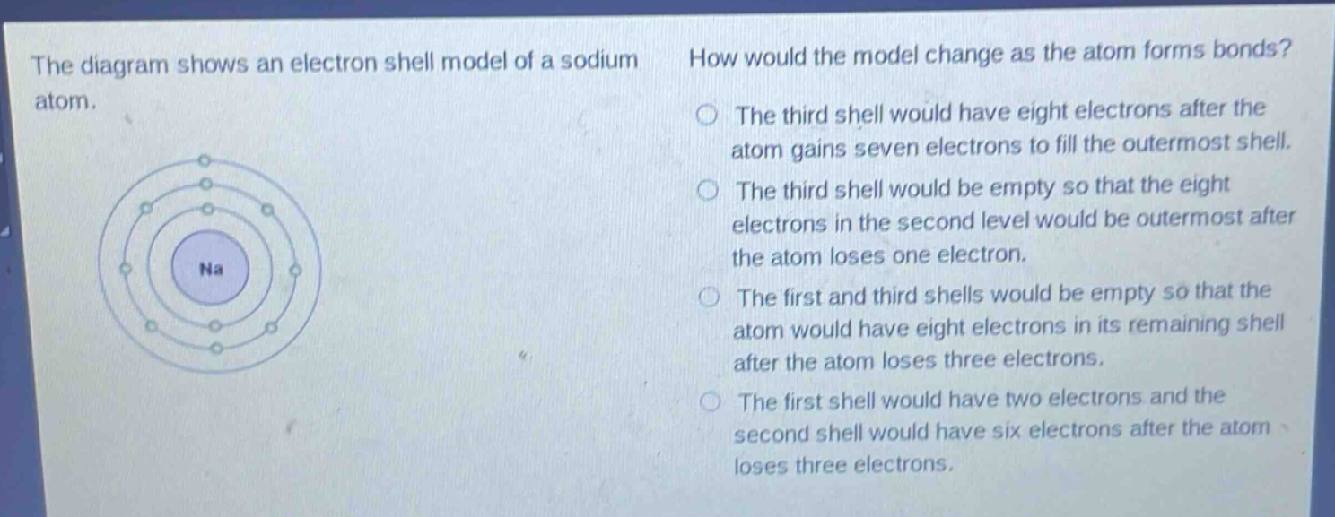the diagram shows an electron shell model of a sodium atom. how would the model change as the atom forms bonds? the third shell would have eight electrons after the atom gains seven electrons to fill the outermost shell. the third shell would be empty so that the eight electrons in the second level would be outermost after the atom loses one electron. the first and third shells would be empty so that the atom would have eight electrons in its remaining shell after the atom loses three electrons. the first shell would have two electrons and the second shell would have six electrons after the atom loses three electrons.