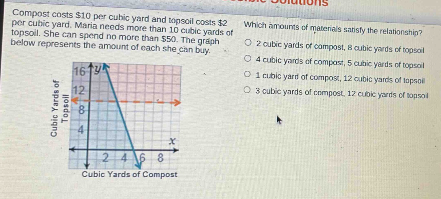 compost costs $10 per cubic yard and topsoil costs $2 per cubic yard. maria needs more than 10 cubic yards of topsoil. she can spend no more than $50. the graph below represents the amount of each she can buy. which amounts of materials satisfy the relationship? 2 cubic yards of compost, 8 cubic yards of topsoil 4 cubic yards of compost, 5 cubic yards of topsoil 1 cubic yard of compost, 12 cubic yards of topsoil 3 cubic yards of compost, 12 cubic yards of topsoil
