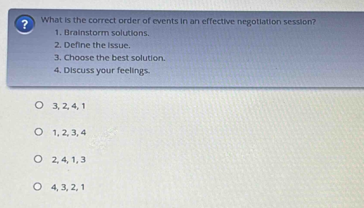 what is the correct order of events in an effective negotiation session? 1. brainstorm solutions. 2. define the issue. 3. choose the best solution. 4. discuss your feelings. o 3,2,4,1 o 1,2,3,4 o 2,4,1,3 o 4,3,2,1