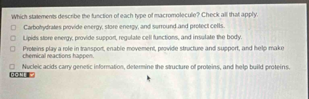 which statements describe the function of each type of macromolecule? check all that apply. carbohydrates provide energy, store energy, and surround and protect cells. lipids store energy, provide support, regulate cell functions, and insulate the body. proteins play a role in transport, enable movement, provide structure and support, and help make chemical reactions happen. nucleic acids carry genetic information, determine the structure of proteins, and help build proteins. done