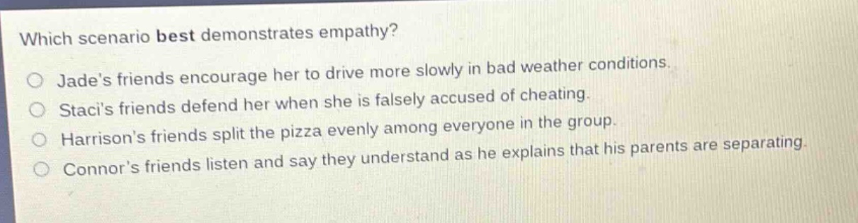 which scenario best demonstrates empathy?\njades friends encourage her to drive more slowly in bad weather conditions.\nstacis friends defend her when she is falsely accused of cheating.\nharrisons friends split the pizza evenly among everyone in the group.\nconnors friends listen and say they understand as he explains that his parents are separating.
