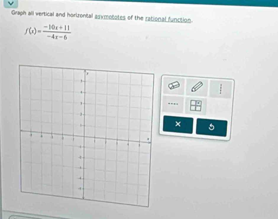 graph all vertical and horizontal asymptotes of the rational function. f(x)=(-10x + 11)/(-4x - 6)