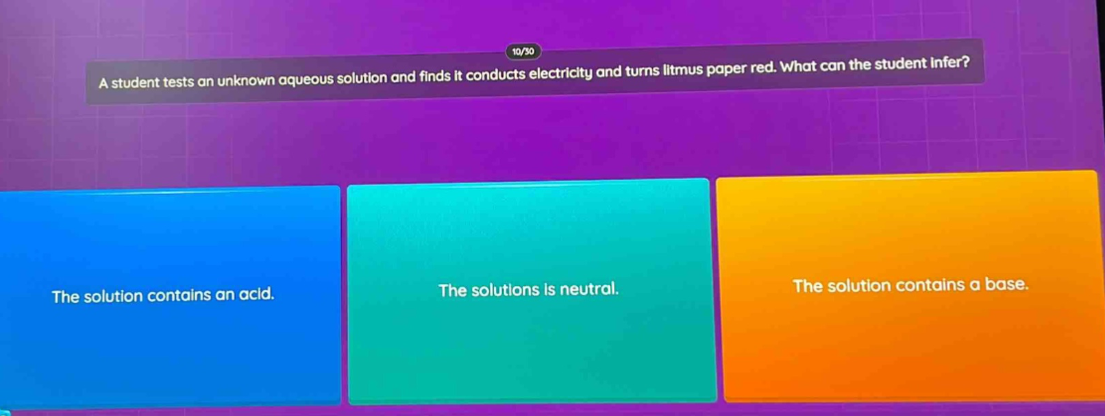 a student tests an unknown aqueous solution and finds it conducts electricity and turns litmus paper red. what can the student infer? the solution contains an acid. the solutions is neutral. the solution contains a base.