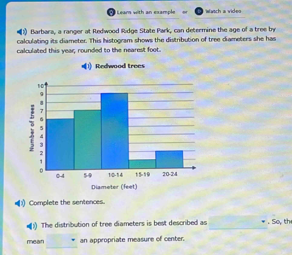barbara, a ranger at redwood ridge state park, can determine the age of a tree by calculating its diameter. this histogram shows the distribution of tree diameters she has calculated this year, rounded to the nearest foot. redwood trees complete the sentences. the distribution of tree diameters is best described as. so, the mean an appropriate measure of center.