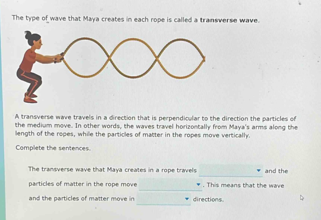 the type of wave that maya creates in each rope is called a transverse wave. a transverse wave travels in a direction that is perpendicular to the direction the particles of the medium move. in other words, the waves travel horizontally from mayas arms along the length of the ropes, while the particles of matter in the ropes move vertically. complete the sentences. the transverse wave that maya creates in a rope travels and the particles of matter in the rope move. this means that the wave and the particles of matter move in directions.