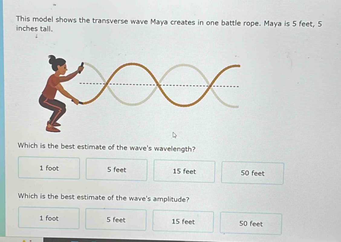 this model shows the transverse wave maya creates in one battle rope. maya is 5 feet, 5 inches tall. which is the best estimate of the waves wavelength? 1 foot 5 feet 15 feet 50 feet which is the best estimate of the waves amplitude? 1 foot 5 feet 15 feet 50 feet