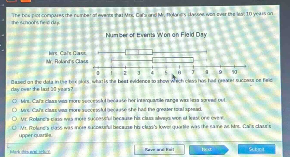 the box plot compares the number of events that mrs. cais and mr. rolands classes won over the last 10 years on the schools field day. number of events won on field day mrs. cais class mr. rolands class 0 1 2 3 4 5 6 7 8 9 10 based on the data in the box plots, what is the best evidence to show which class has had greater success on field day over the last 10 years? mrs. cais class was more successful because her interquartile range was less spread out. mrs. cais class was more successful because she had the greater total spread. mr. rolands class was more successful because his class always won at least one event. mr. rolands class was more successful because his classs lower quartile was the same as mrs. cais classs upper quartile. mark this and return save and exit next submit