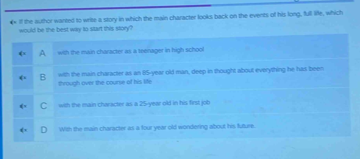 if the author wanted to write a story in which the main character looks back on the events of his long, full life, which would be the best way to start this story? a with the main character as a teenager in high school b with the main character as an 85 - year old man, deep in thought about everything he has been through over the course of his life c with the main character as a 25 - year old in his first job d with the main character as a four year old wondering about his future.