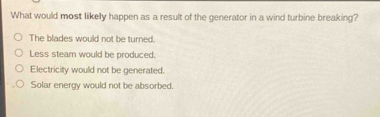 what would most likely happen as a result of the generator in a wind turbine breaking?\nthe blades would not be turned.\nless steam would be produced.\nelectricity would not be generated.\nsolar energy would not be absorbed.