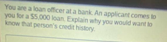 you are a loan officer at a bank. an applicant comes to you for a $5,000 loan. explain why you would want to know that persons credit history.