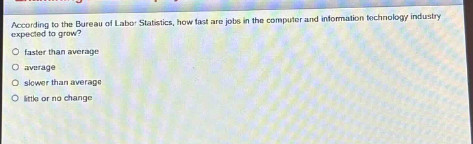 according to the bureau of labor statistics, how fast are jobs in the computer and information technology industry expected to grow?\no faster than average\no average\no slower than average\no little or no change