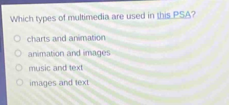 which types of multimedia are used in this psa? charts and animation animation and images music and text images and text