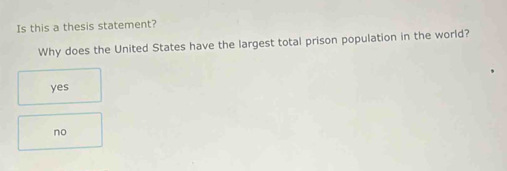 is this a thesis statement? why does the united states have the largest total prison population in the world? yes no