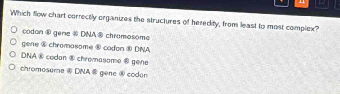 which flow chart correctly organizes the structures of heredity, from least to most complex?\no codon gene dna chromosome\no gene chromosome codon dna\no dna codon chromosome gene\no chromosome dna gene codon