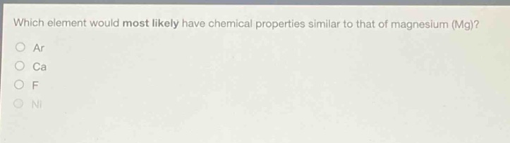 which element would most likely have chemical properties similar to that of magnesium (mg)?\nar\nca\nf\nni