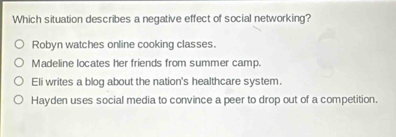 which situation describes a negative effect of social networking?\no robyn watches online cooking classes.\no madeline locates her friends from summer camp.\no eli writes a blog about the nations healthcare system.\no hayden uses social media to convince a peer to drop out of a competition.