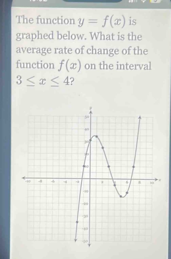 the function y = f(x) is graphed below. what is the average rate of change of the function f(x) on the interval 3 ≤ x ≤ 4?