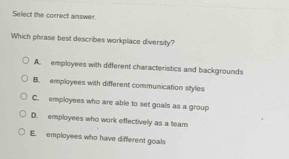 select the correct answer. which phrase best describes workplace diversity? a. employees with different characteristics and backgrounds b. employees with different communication styles c. employees who are able to set goals as a group d. employees who work effectively as a team e. employees who have different goals