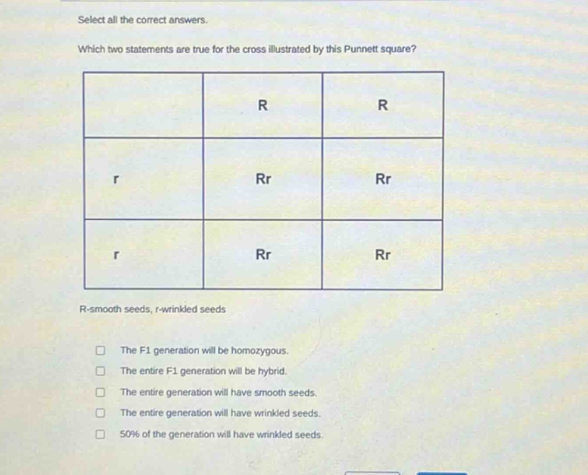 select all the correct answers. which two statements are true for the cross illustrated by this punnett square? r r r rr rr r rr rr r - smooth seeds, r - wrinkled seeds the f1 generation will be homozygous. the entire f1 generation will be hybrid. the entire generation will have smooth seeds. the entire generation will have wrinkled seeds. 50% of the generation will have wrinkled seeds.