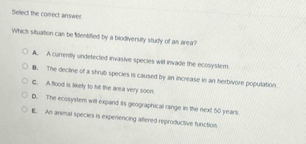 select the correct answer. which situation can be identified by a biodiversity study of an area? a. a currently undetected invasive species will invade the ecosystem. b. the decline of a shrub species is caused by an increase in an herbivore population. c. a flood is likely to hit the area very soon. d. the ecosystem will expand its geographical range in the next 50 years. e. an animal species is experiencing altered reproductive function.