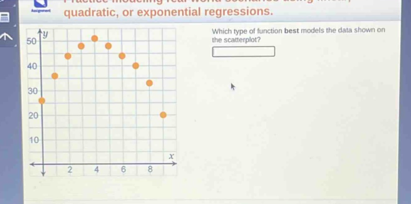 quadratic, or exponential regressions. which type of function best models the data shown on the scatterplot?
