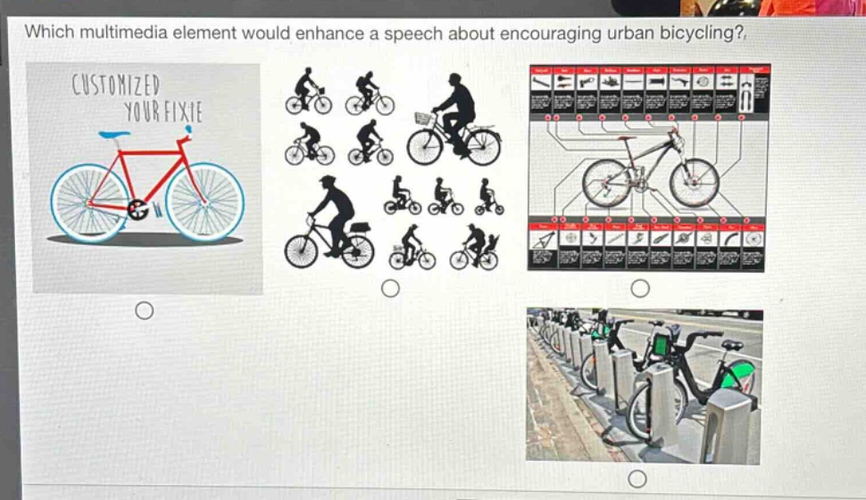 which multimedia element would enhance a speech about encouraging urban bicycling?