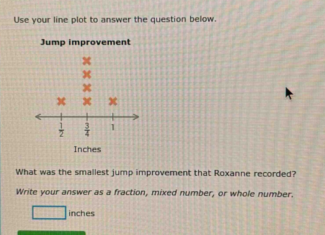 use your line plot to answer the question below. jump improvement what was the smallest jump improvement that roxanne recorded? write your answer as a fraction, mixed number, or whole number. inches