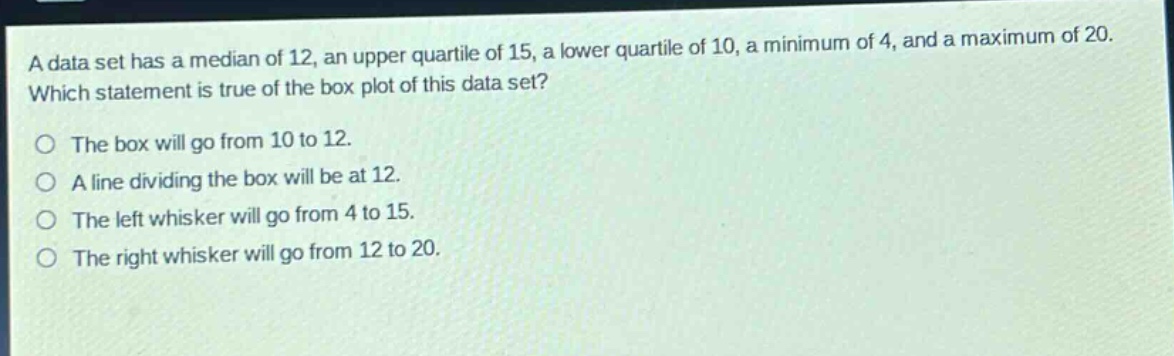 a data set has a median of 12, an upper quartile of 15, a lower quartile of 10, a minimum of 4, and a maximum of 20. which statement is true of the box plot of this data set? the box will go from 10 to 12. a line dividing the box will be at 12. the left whisker will go from 4 to 15. the right whisker will go from 12 to 20.