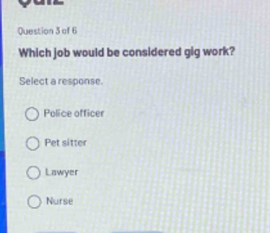 question 3 of 6\nwhich job would be considered gig work?\nselect a response.\npolice officer\npet sitter\nlawyer\nnurse
