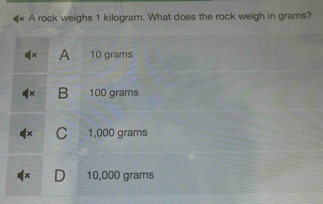 a rock weighs 1 kilogram. what does the rock weigh in grams?\na 10 grams\nb 100 grams\nc 1,000 grams\nd 10,000 grams