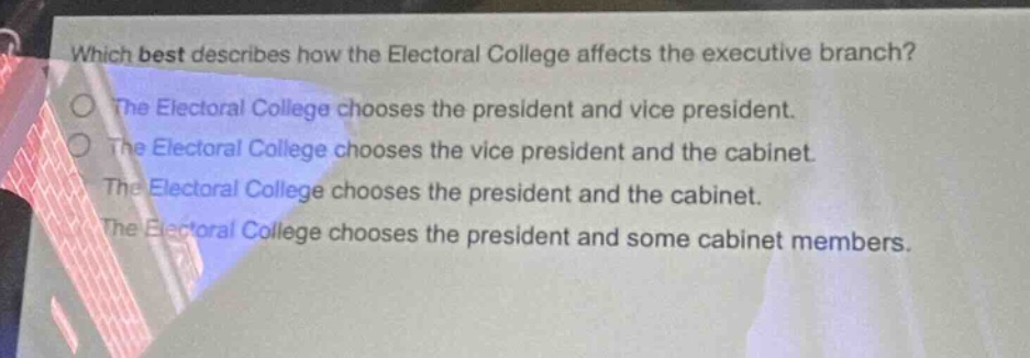 which best describes how the electoral college affects the executive branch?\nthe electoral college chooses the president and vice president.\nthe electoral college chooses the vice president and the cabinet.\nthe electoral college chooses the president and the cabinet.\nthe electoral college chooses the president and some cabinet members.