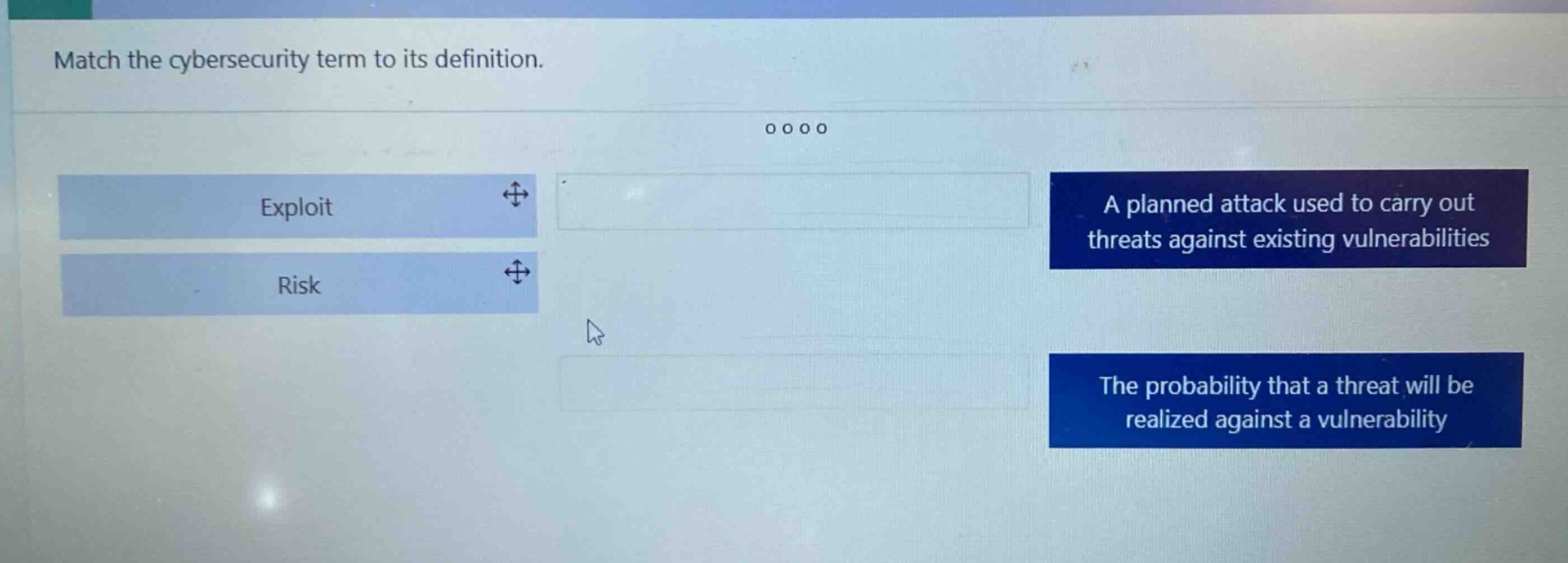 match the cybersecurity term to its definition.\nexploit\nrisk\na planned attack used to carry out threats against existing vulnerabilities\nthe probability that a threat will be realized against a vulnerability