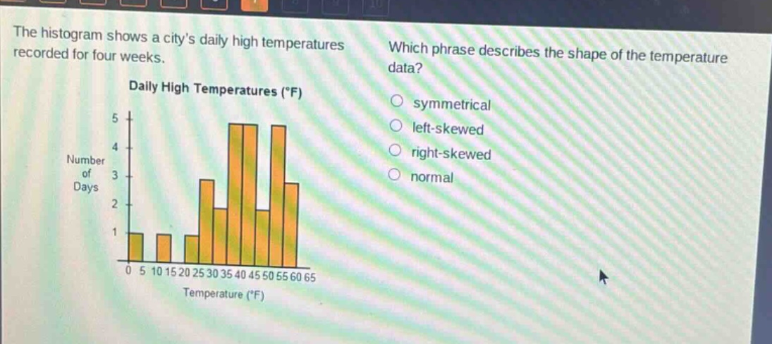 the histogram shows a citys daily high temperatures recorded for four weeks. which phrase describes the shape of the temperature data? daily high temperatures (°f) 0 5 10 15 20 25 30 35 40 45 50 55 60 65 temperature (°f) 1 2 3 4 5 number of days symmetrical left - skewed right - skewed normal