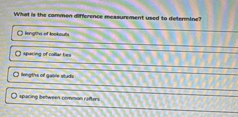 what is the common difference measurement used to determine?\nlengths of lookouts\nspacing of collar ties\nlengths of gable studs\nspacing between common rafters
