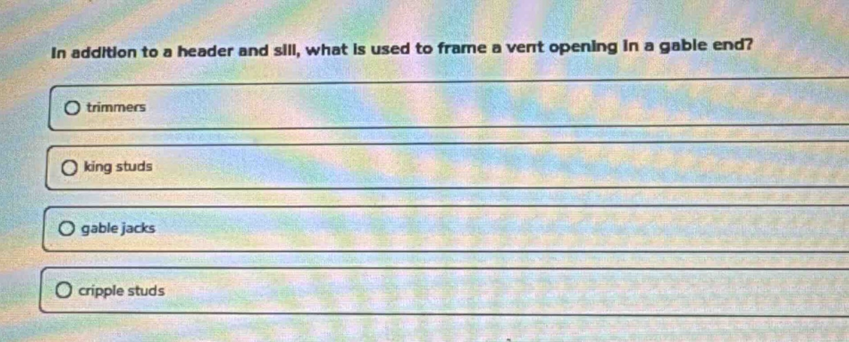 in addition to a header and sill, what is used to frame a vent opening in a gable end?\no trimmers\no king studs\no gable jacks\no cripple studs