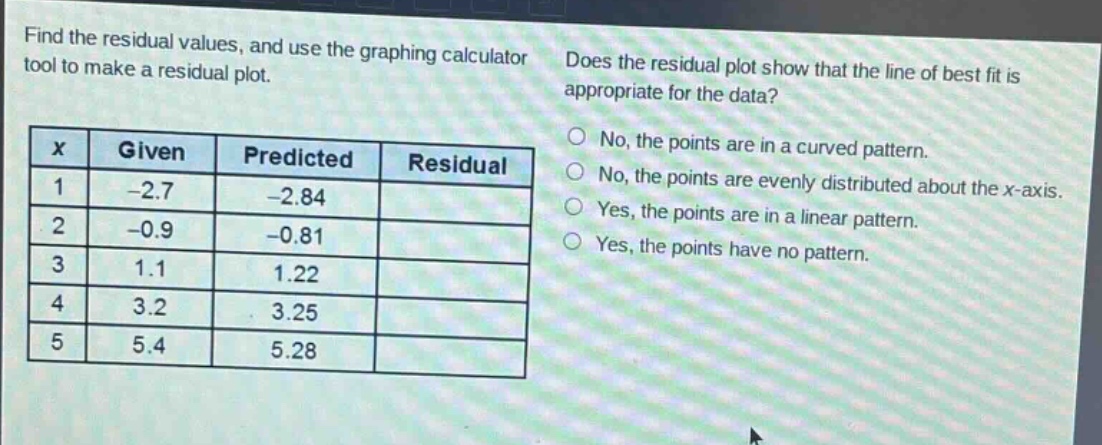 find the residual values, and use the graphing calculator tool to make a residual plot.\ndoes the residual plot show that the line of best fit is appropriate for the data?\nno, the points are in a curved pattern.\nno, the points are evenly distributed about the x - axis.\nyes, the points are in a linear pattern.\nyes, the points have no pattern.\n|x|given|predicted|residual|\n|1|-2.7|-2.84|\n|2|-0.9|-0.81|\n|3|1.1|1.22|\n|4|3.2|3.25|\n|5|5.4|5.28|