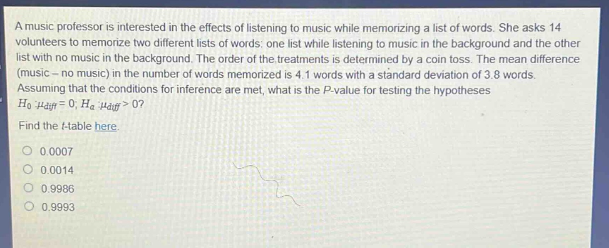 a music professor is interested in the effects of listening to music while memorizing a list of words. she asks 14 volunteers to memorize two different lists of words: one list while listening to music in the background and the other list with no music in the background. the order of the treatments is determined by a coin toss. the mean difference (music - no music) in the number of words memorized is 4.1 words with a standard deviation of 3.8 words. assuming that the conditions for inference are met, what is the p - value for testing the hypotheses $h_0:mu_{diff}=0;h_a:mu_{diff}>0$? find the t - table here. 0.0007 0.0014 0.9986 0.9993